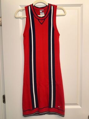 Tommy Hilfiger Red Sleeveless Knit Midi Dress with Navy & White Stripes